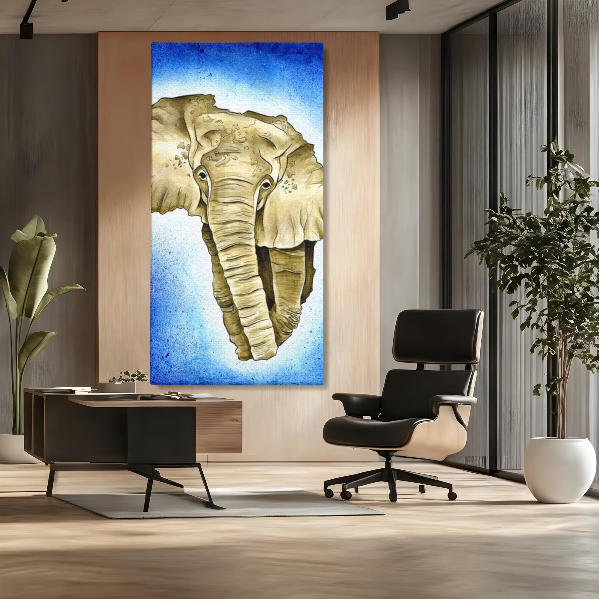 Tablou canvas cu tablou canvas cu cap de elefant, fara rama, pe sasiu de lemn, pe perete intr-un birou